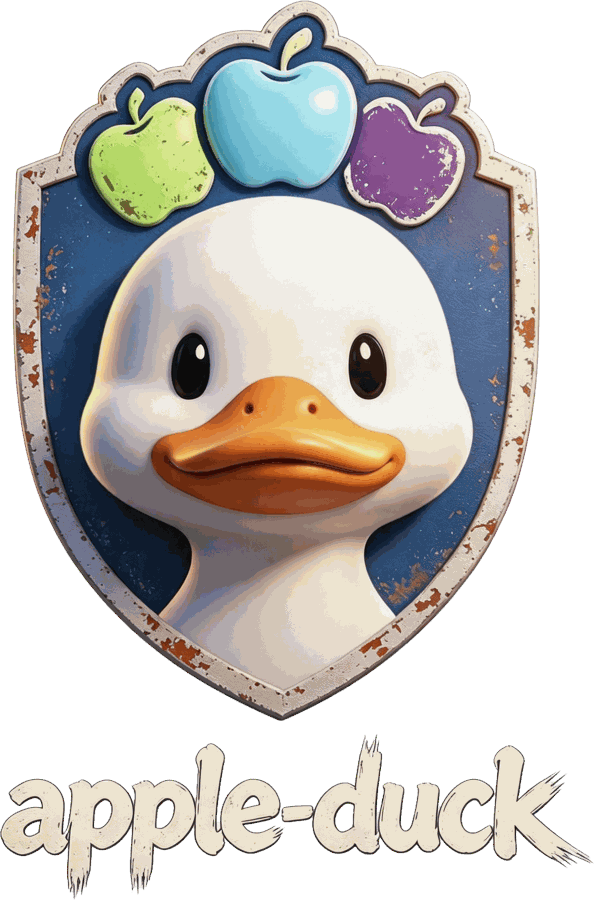 Apple Duck crest — a duck in a weathered shield with three apples